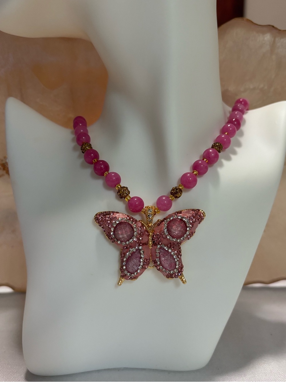 Pink Butterfly Pendant Beaded Necklace- Hand Made
